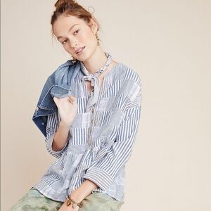 Anthropologie Maeve Zoe Striped Patchwork Linen Peplum Swing Top